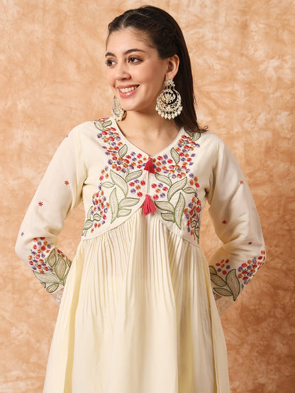 WHITE Embroidered Viscose Readymade Pant Kameez