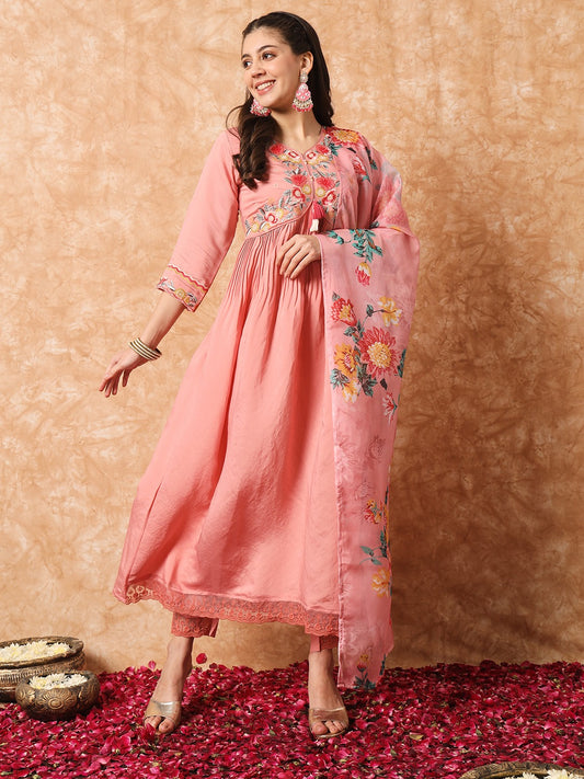 Pink Embroidered Viscose Readymade Pant Kameez