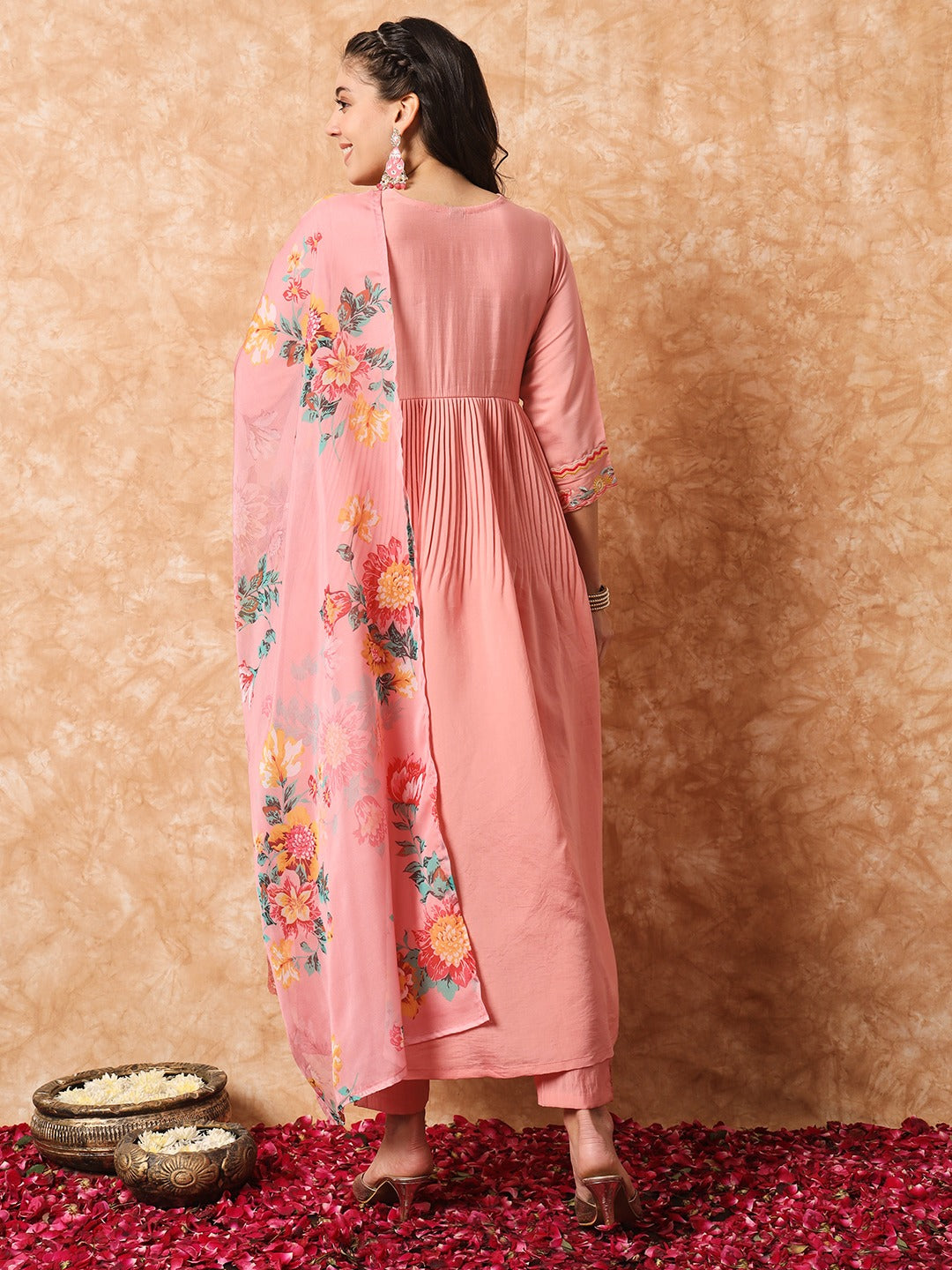 Pink Embroidered Viscose Readymade Pant Kameez