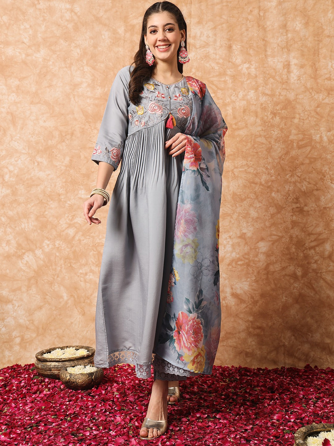 Grey Embroidered Viscose Readymade Pant Kameez