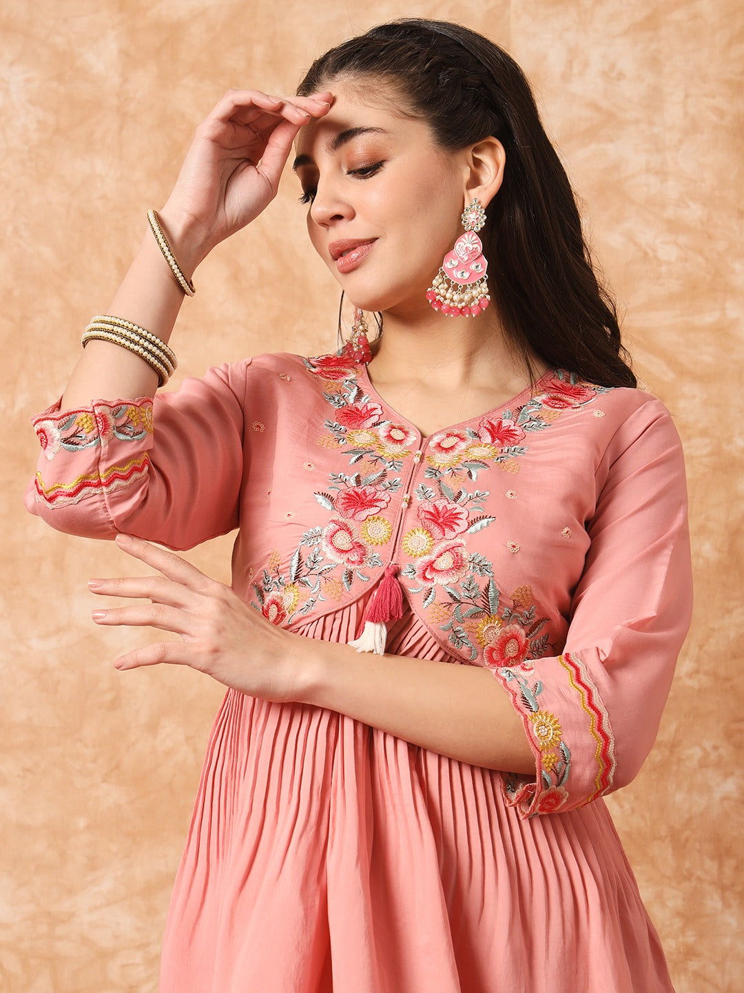 Pink Embroidered Viscose Readymade Pant Kameez