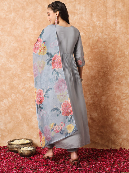 Grey Embroidered Viscose Readymade Pant Kameez