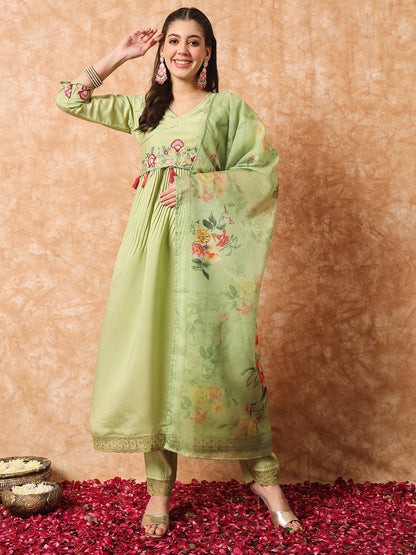 Green Embroidered Viscose Readymade Pant Kameez