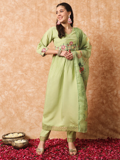 Green Embroidered Viscose Readymade Pant Kameez