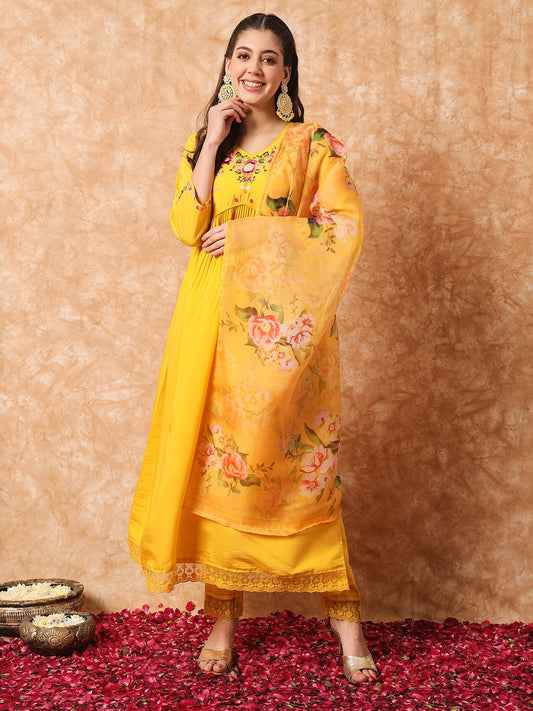 Yellow Embroidered Viscose Readymade Pant Kameez