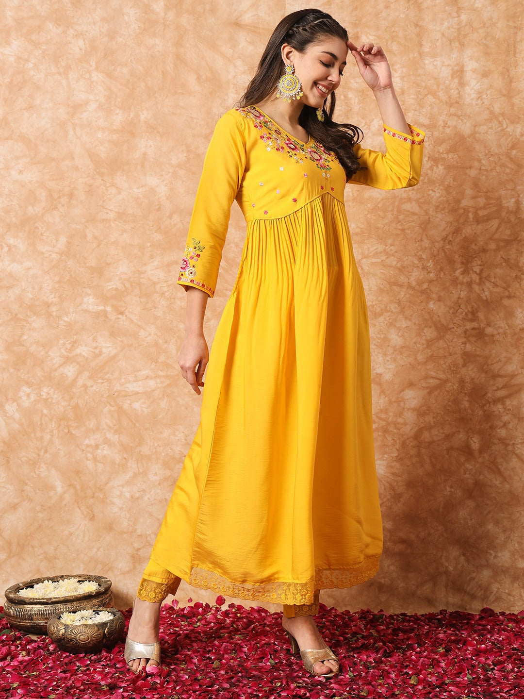 Yellow Embroidered Viscose Readymade Pant Kameez