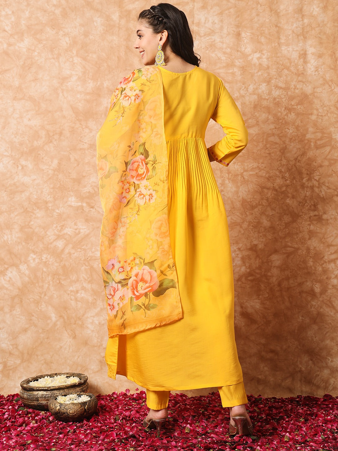 Yellow Embroidered Viscose Readymade Pant Kameez