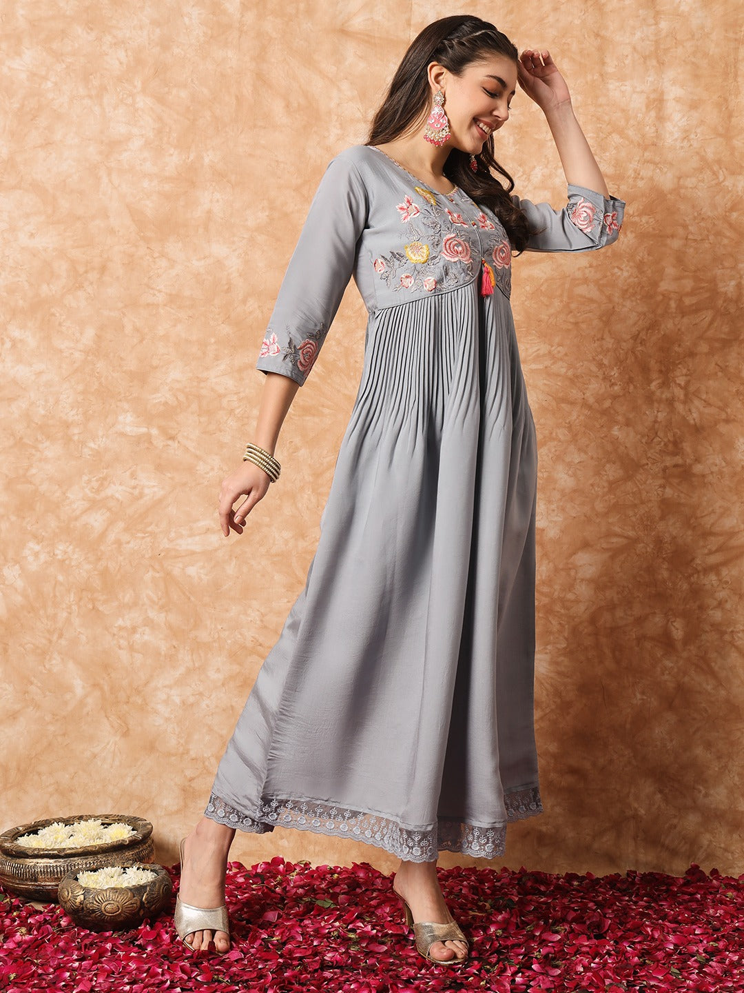 Grey Embroidered Viscose Readymade Pant Kameez