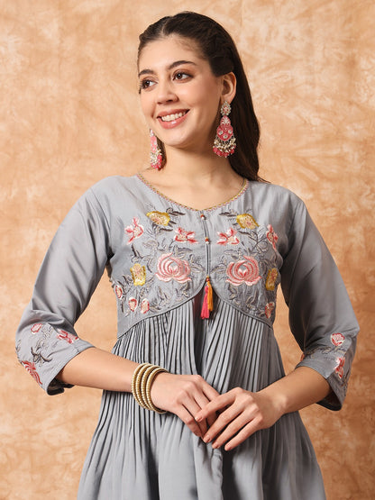 Grey Embroidered Viscose Readymade Pant Kameez