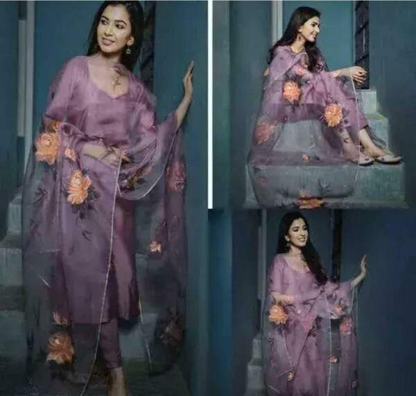 Purple Printed Kurta, Palazzo & Dupatta Set