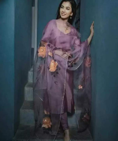 Purple Printed Kurta, Palazzo & Dupatta Set